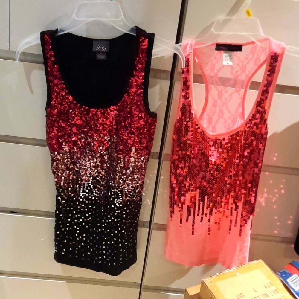 NWOT Lot Of Two SEQUIN Tunic Length TOPs SEQUINS LACE KNIT Tanks